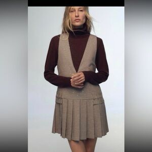 Zara Brown Plaid Pleated Pinafore Mini Skirt Dress
